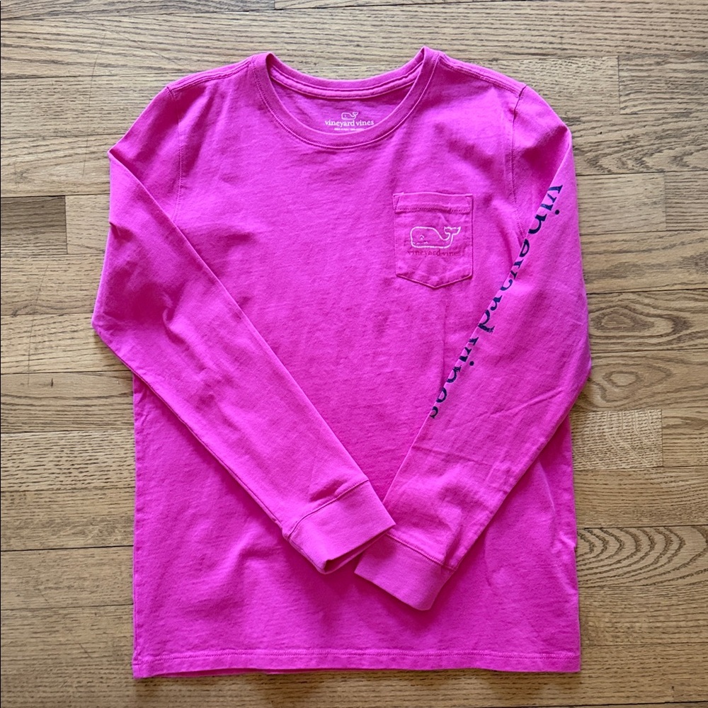 Vineyard Vines Kids Long-Sleeve Pocket Tee - Hot Pink with Navy Script